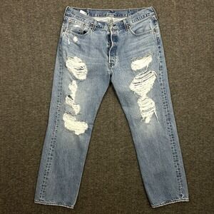 Levis 501 Jeans Straight Leg Mens 36x29 Button Fly Light Wash Pants DIstressed